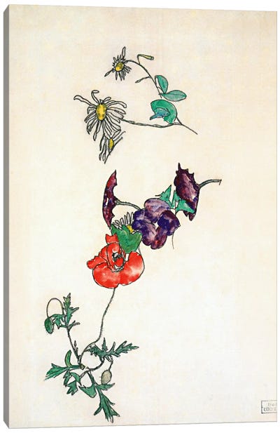 Daisies, Poppy and Winding Canvas Art Print - Egon Schiele