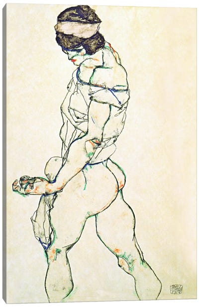 Left Border Female Nude Canvas Art Print - Egon Schiele