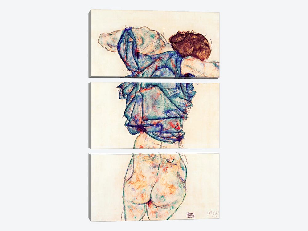 Woman Undressing by Egon Schiele 3-piece Canvas Wall Art