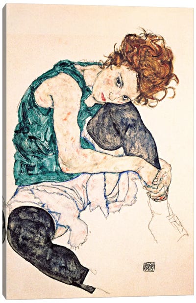 Seated Woman With Bent Knee II Canvas Art Print - Egon Schiele