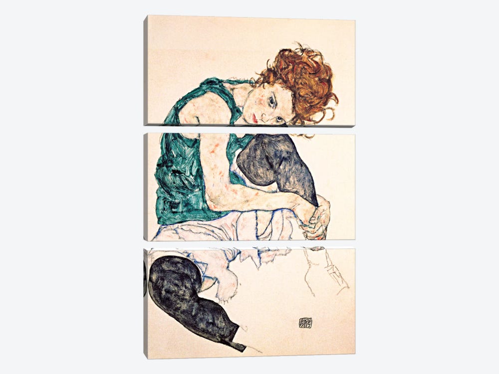 Seated Woman With Bent Knee II by Egon Schiele 3-piece Canvas Art