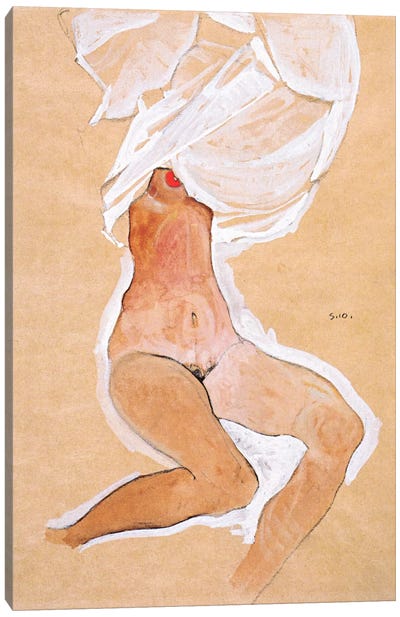 Seated Nude Girl with a Shirt Over Her Head Canvas Art Print - Egon Schiele