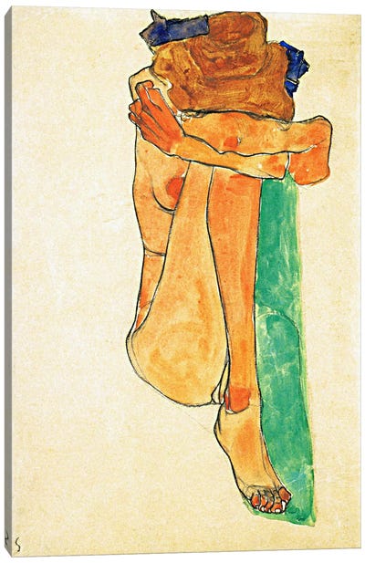 Female Nude with Green Canvas Art Print - Egon Schiele