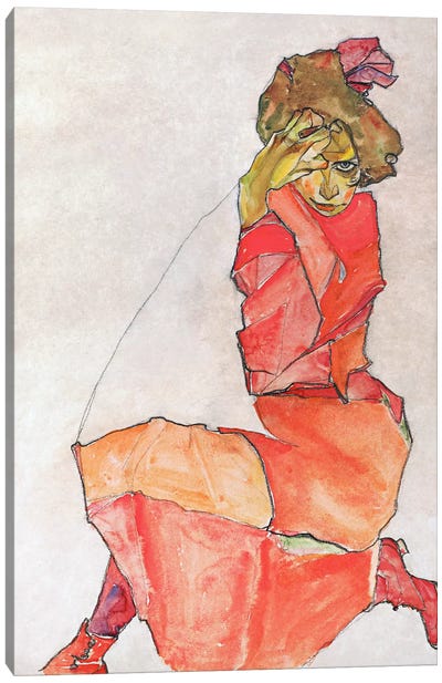 Kneeling Female in Orange-Red Dress Canvas Art Print - Egon Schiele
