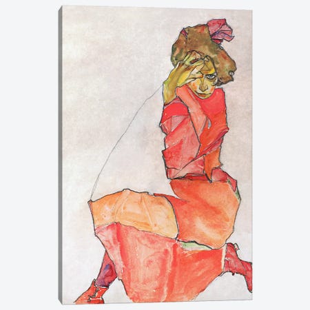 Kneeling Female in Orange-Red Dress Canvas Print #8157} by Egon Schiele Art Print