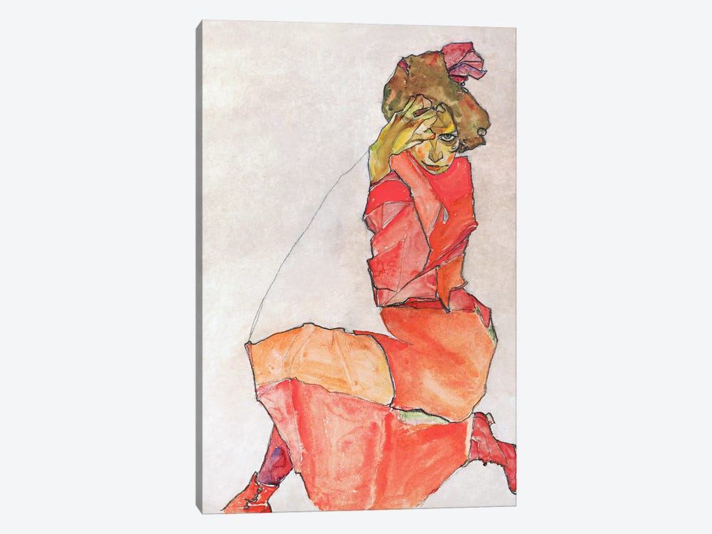 Kneeling Female in Orange-Red Dress by Egon Schiele 1-piece Canvas Wall Art