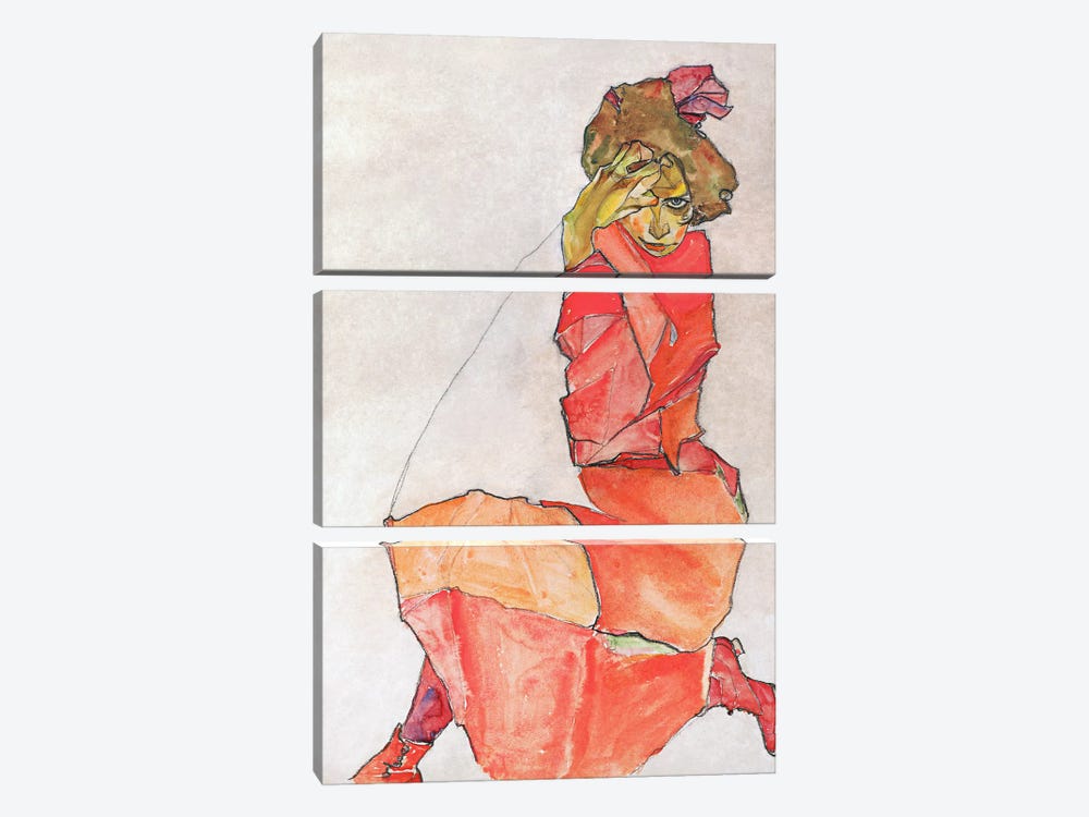 Kneeling Female in Orange-Red Dress by Egon Schiele 3-piece Canvas Wall Art