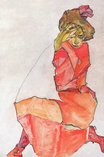 Expressionism: Kneeling Female in Orange-Red Dress by Egon Schiele