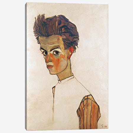 Self-Portrait with Striped Shirt Canvas Print #8165} by Egon Schiele Canvas Artwork