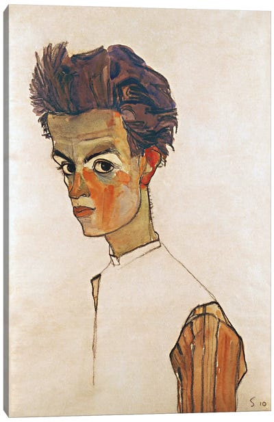 Self-Portrait with Striped Shirt Canvas Art Print - Egon Schiele
