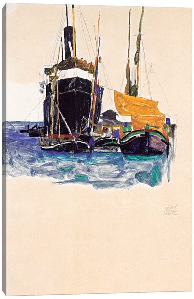 Steamers and Sailing Boats in The Port of Trieste Canvas Art Print - Expressionism Art