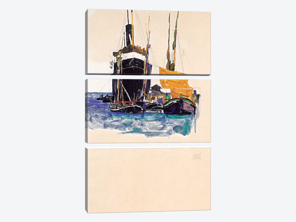 Steamers and Sailing Boats in The Port of Trieste by Egon Schiele 3-piece Canvas Artwork