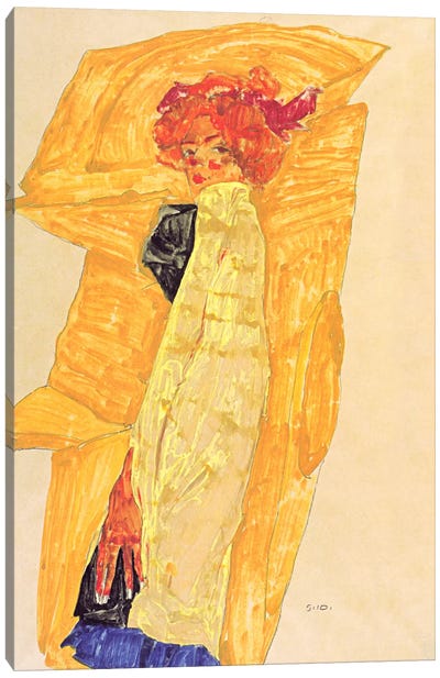 Gerti Schiele Against Ocher-Coloured Drapery Canvas Art Print - Expressionism Art