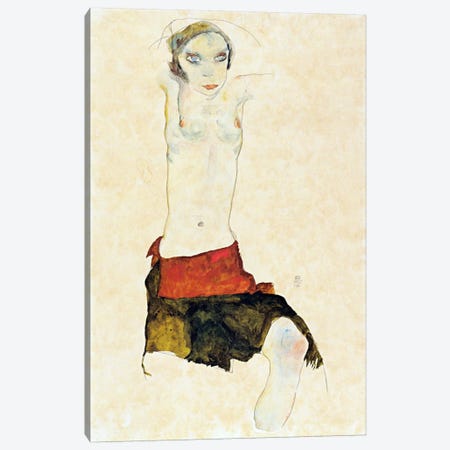 Semi-Nude with Colored skirt and Raised Arms Canvas Print #8223} by Egon Schiele Canvas Wall Art