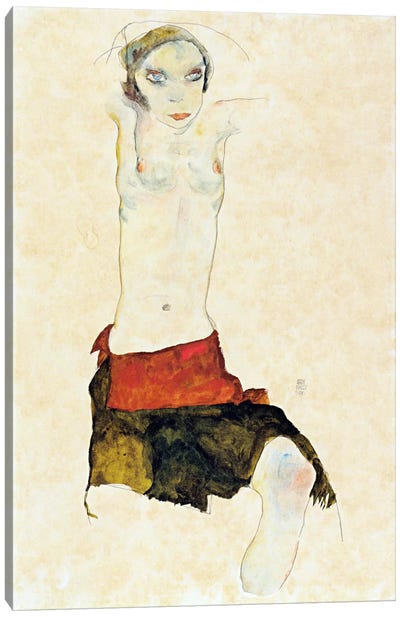 Semi-Nude with Colored skirt and Raised Arms Canvas Art Print - Egon Schiele