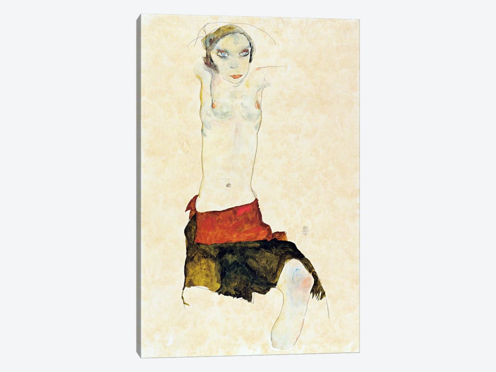 Semi-Nude with Colored skirt and Raised Arms by Egon Schiele 1-piece Art Print