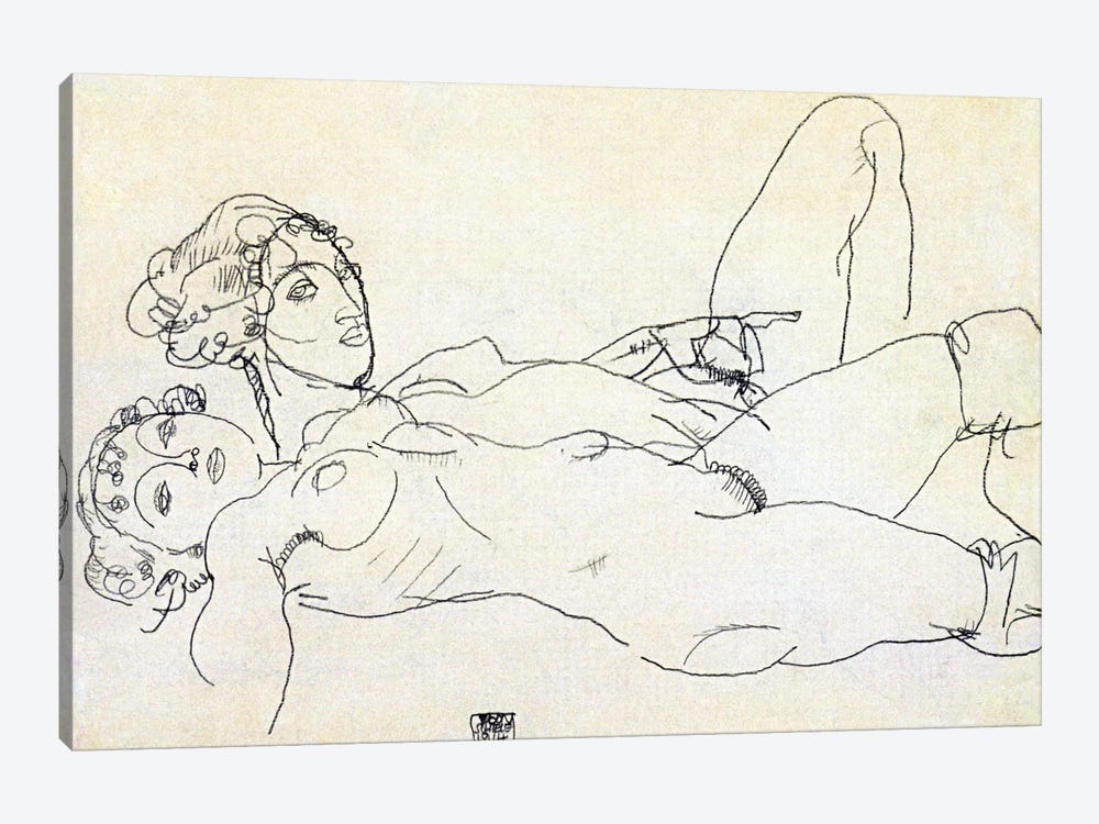 Two girls lying Act by Egon Schiele 1-piece Canvas Art