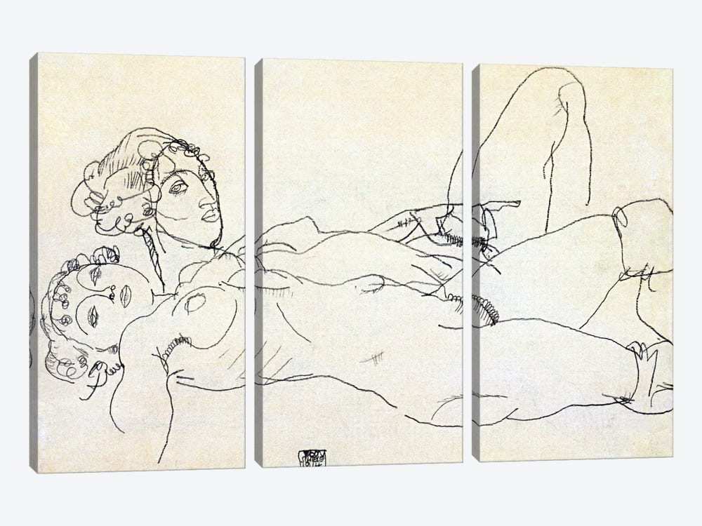 Two girls lying Act by Egon Schiele 3-piece Canvas Artwork