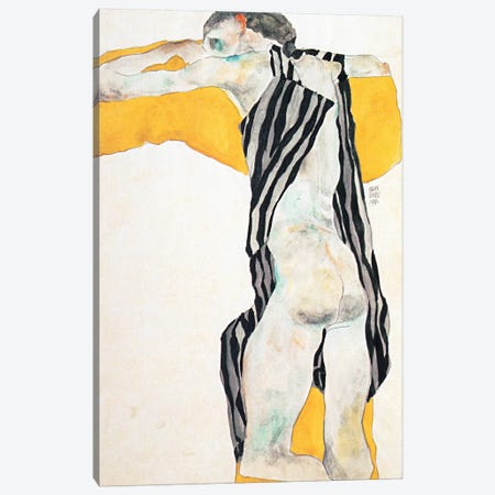 Reclining Nude Girl in the Striped Overalls Canvas Print #8258} by Egon Schiele Canvas Art Print
