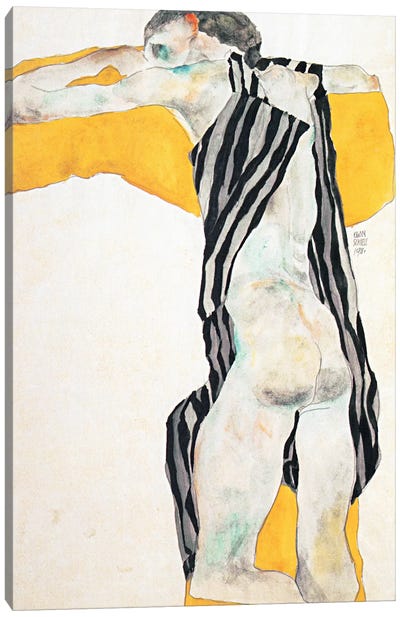 Reclining Nude Girl in the Striped Overalls Canvas Art Print - Egon Schiele