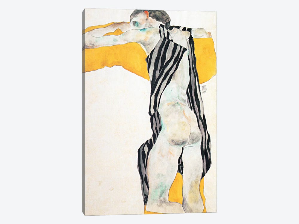 Reclining Nude Girl in the Striped Overalls by Egon Schiele 1-piece Art Print