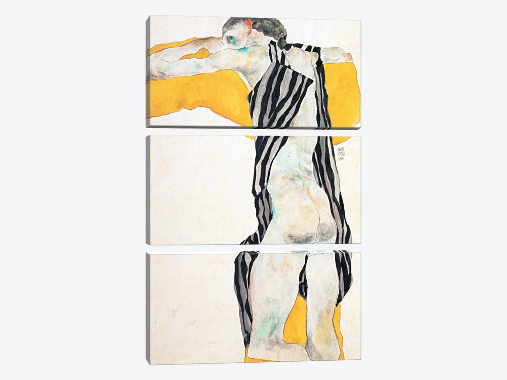 Reclining Nude Girl in the Striped Overalls by Egon Schiele 3-piece Canvas Art Print