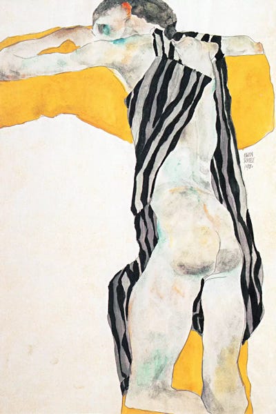 Expressionism: Reclining Nude Girl in the Striped Overalls by Egon Schiele