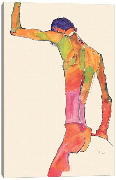 Standing Male Nude with Arm Raised, Back View Canvas Art Print - Male Nude Art