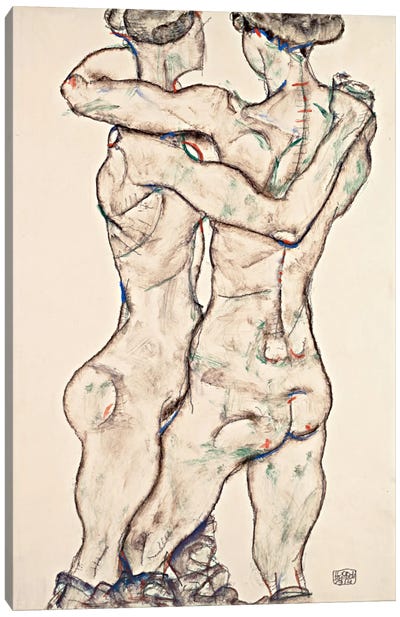 Naked Girls Embracing Canvas Art Print - Egon Schiele