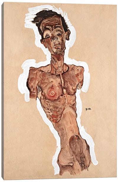 Nude Self-Portrait Canvas Art Print - Egon Schiele