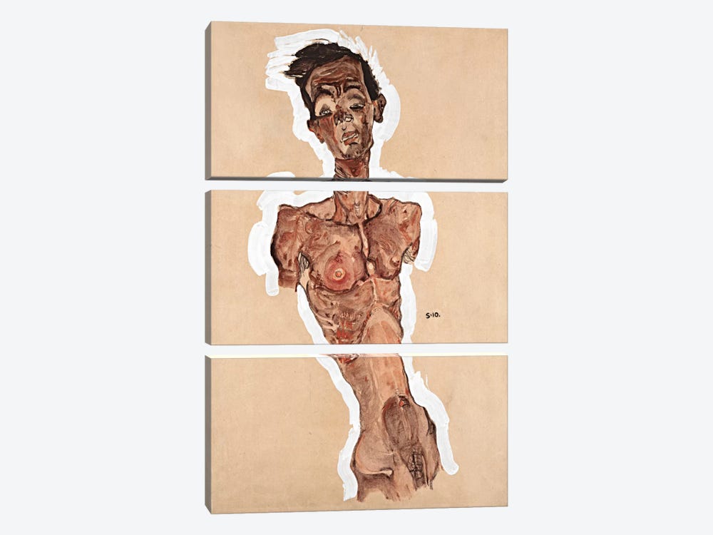 Nude Self-Portrait by Egon Schiele 3-piece Canvas Wall Art