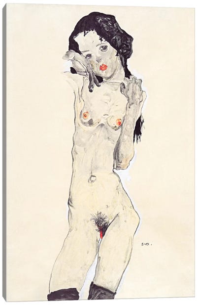 Standing Nude Young Girl Canvas Art Print - Egon Schiele