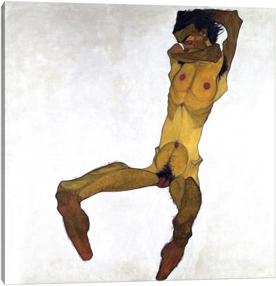 Seated Male Nude Canvas Art Print - Egon Schiele