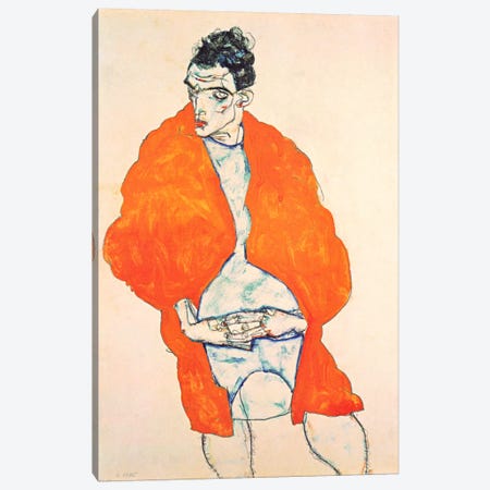 Self-Portrait (Man in Orange Jacket) Canvas Print #8289} by Egon Schiele Canvas Wall Art