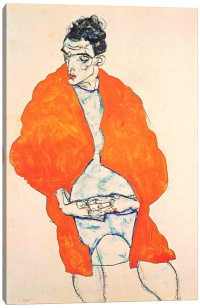 Self-Portrait (Man in Orange Jacket) Canvas Art Print - Egon Schiele