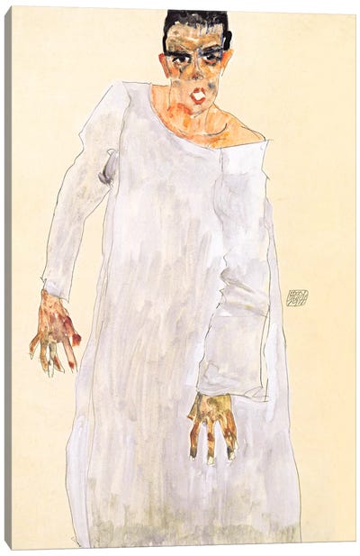 Self-Portrait in a White Rob Canvas Art Print - Egon Schiele
