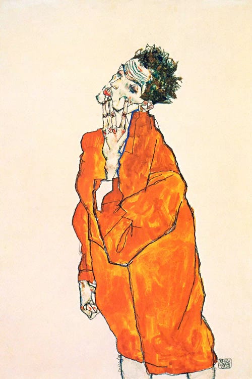 Self-Portrait in Orange Jacket Art Print by Egon Schiele | iCanvas