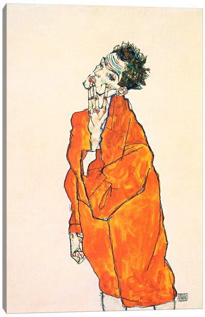 Self-Portrait in Orange Jacket Canvas Art Print - Egon Schiele