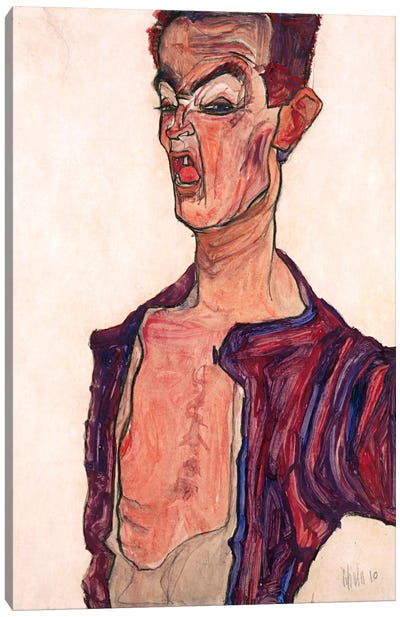 Self-Portrait, Grimacing Canvas Art Print - Egon Schiele