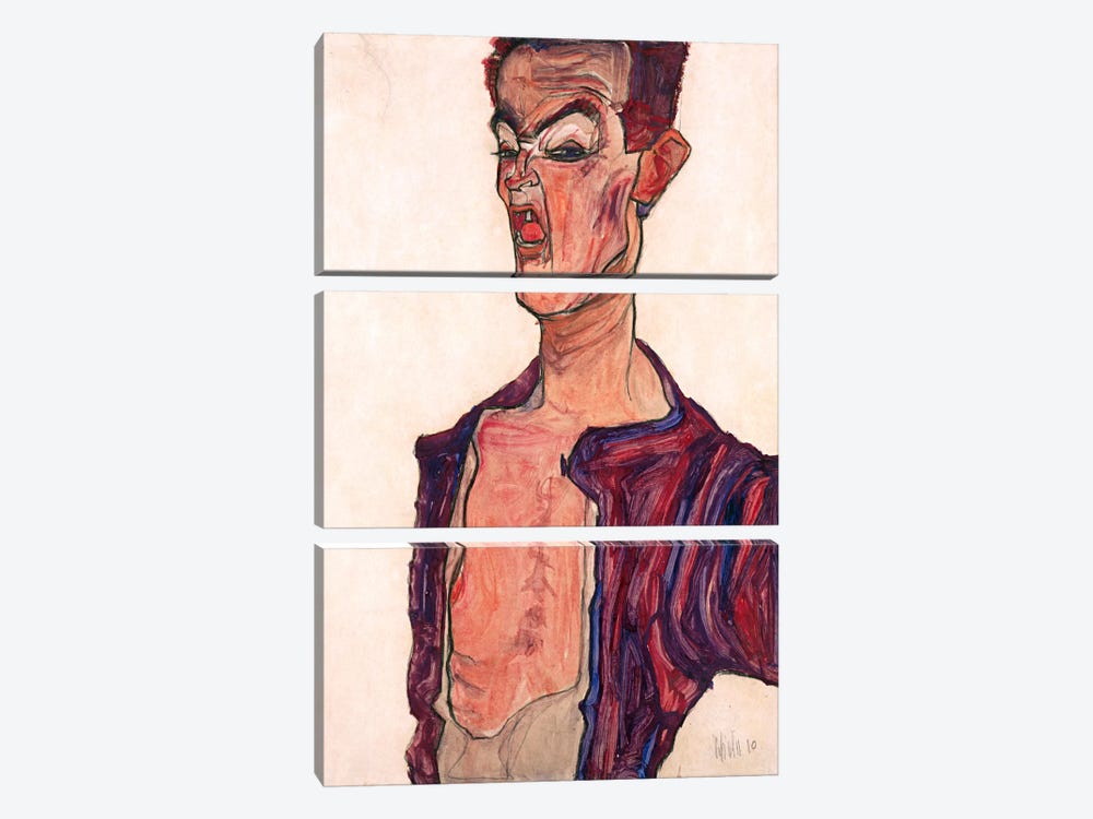 Self-Portrait, Grimacing by Egon Schiele 3-piece Canvas Wall Art