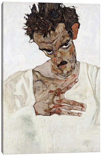 Self-Portrait with Lowered Head Canvas Art Print - Egon Schiele