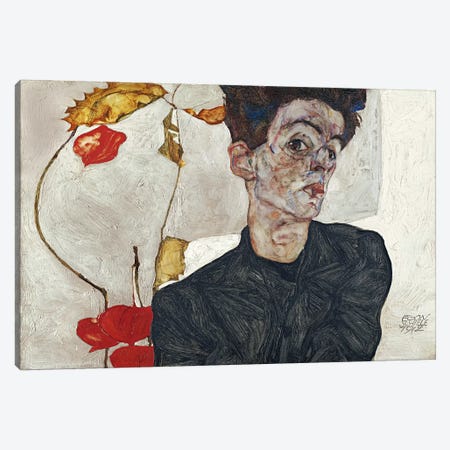 Self-Portrait with Physalis Canvas Print #8299} by Egon Schiele Canvas Art Print