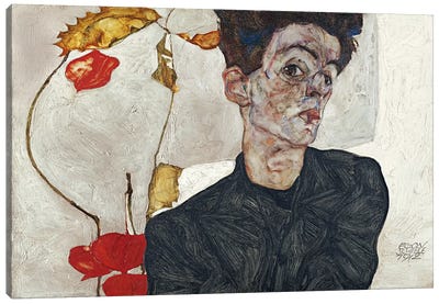 Self-Portrait with Physalis Canvas Art Print - Egon Schiele