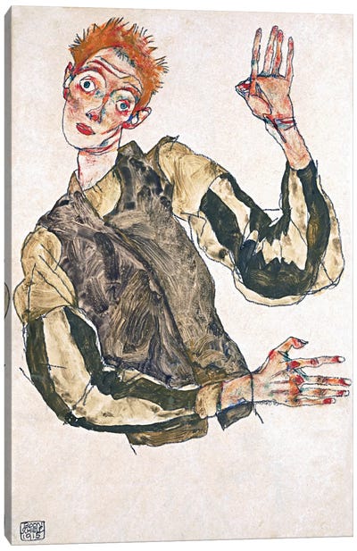 Self-Portrait with Striped Armlets Canvas Art Print - Egon Schiele