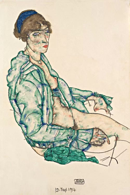 Sitting Semi-Nude with Blue Hairband by Egon Schiele wall art