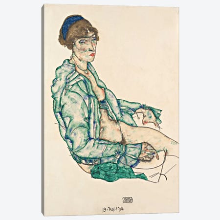 Sitting Semi-Nude with Blue Hairband Canvas Print #8302} by Egon Schiele Canvas Print