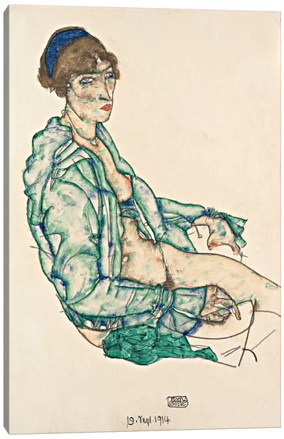 Sitting Semi-Nude with Blue Hairband Canvas Art Print - Egon Schiele