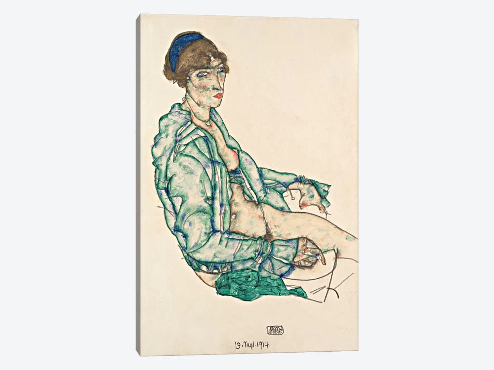 Sitting Semi-Nude with Blue Hairband by Egon Schiele 1-piece Art Print