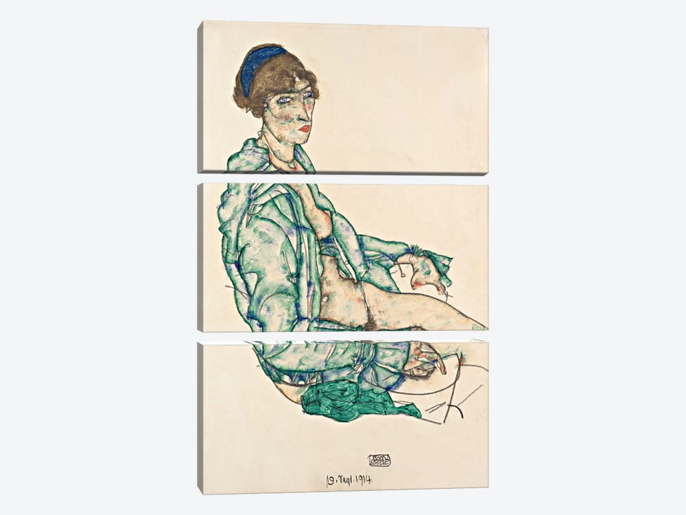 Sitting Semi-Nude with Blue Hairband by Egon Schiele 3-piece Canvas Art Print