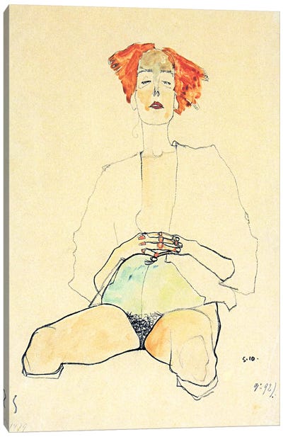 Sedentary Half Act with Red Hair Canvas Art Print - Egon Schiele
